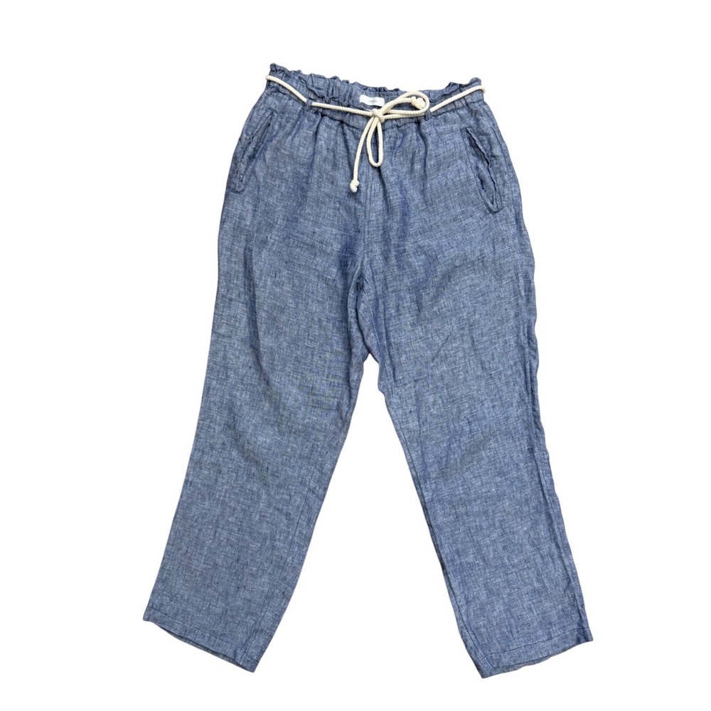 Blue 100% Linen Paperbag Waist Pants Rope Belt Small Coastal preppy lightweight‎